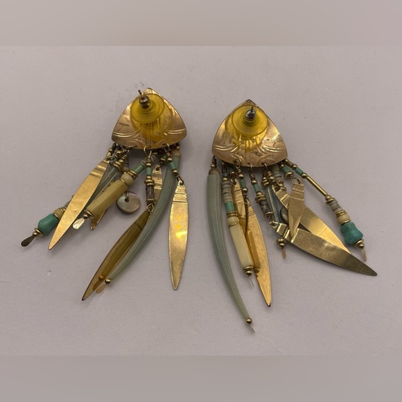 Vintage Signed Tabra Scarab Dentalium Gold Filled Dangle Earrings Pierced - Picture 7 of 12